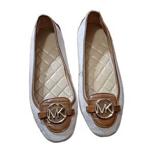 Michael Kors Lillie Moc Cream Canvas Tan Leather Trim  MK Logo Flats Size 9M